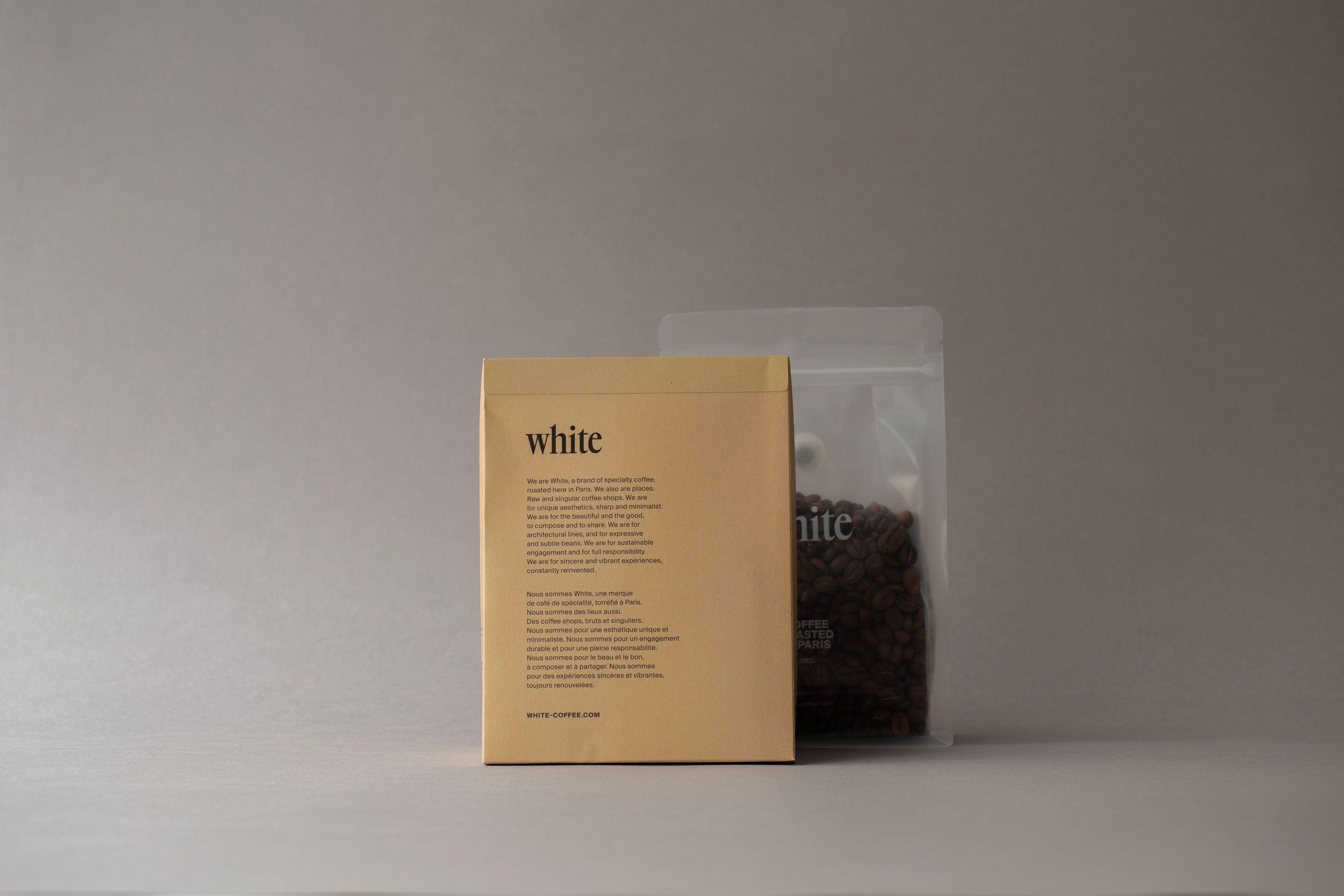 Coffee packaging from WHITE Coffee - Paris 3 featuring a detailed description and the brand logo.